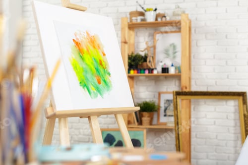 Preview: Bright watercolor painting on easel in a cozy art studio with shelves
