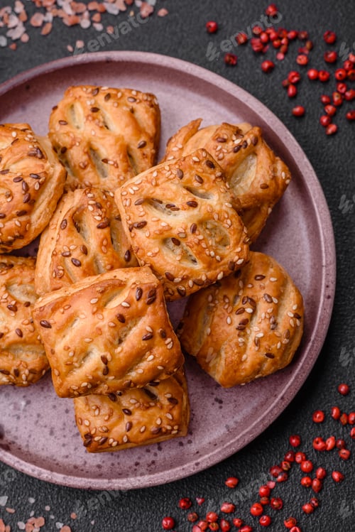 Preview: Delicious crispy mini puffs with sausage or meat with salt, thyme and sesame