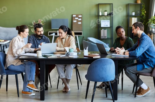 Preview: Two small groups of modern creative designers discussing working points