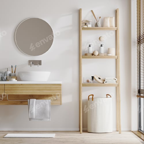 Preview: home bathroom interior with sink on wooden cabinet with bath toothbrushes, round mirror