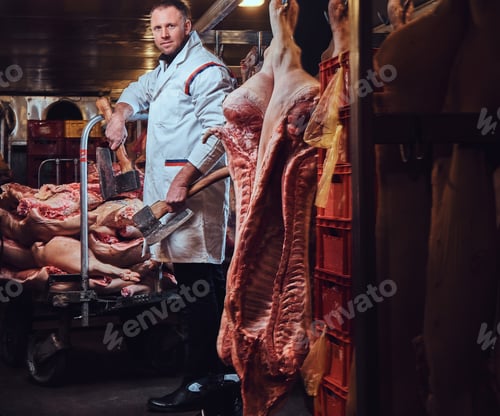 Preview: A butcher in a meat factory.