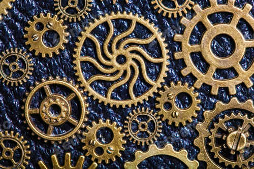 Preview: steampunk mechanical cogs gears wheels on leather background