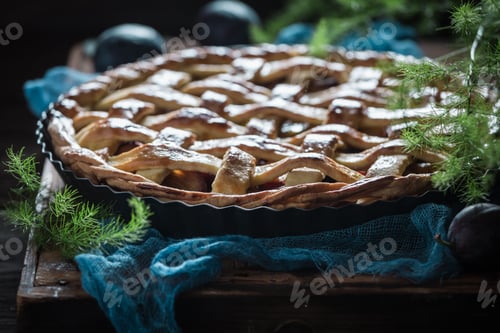 Preview: Hot plum pie made of fruits. Tart made of plums.