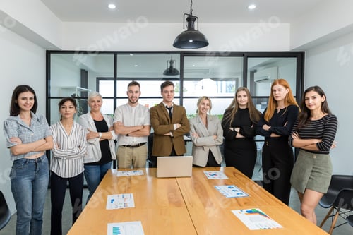 Preview: Diverse colleagues gather in brainstorm discuss statistics together.