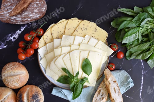 Preview: a selection of sliced cheeses on a plate