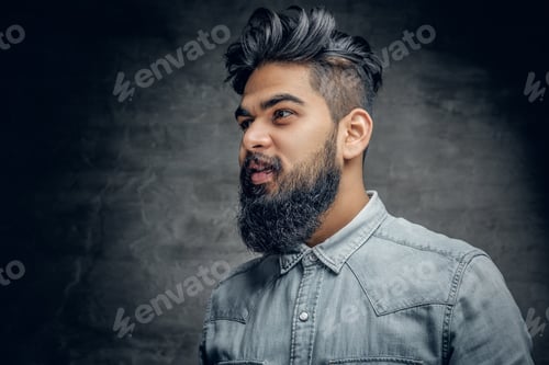 Preview: A handsome bearded Indian male dressed in a fleece shirt.