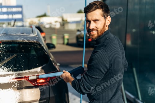 Preview: Waist up portrait view of the caucasian man holding special equipment and smiling to the camera