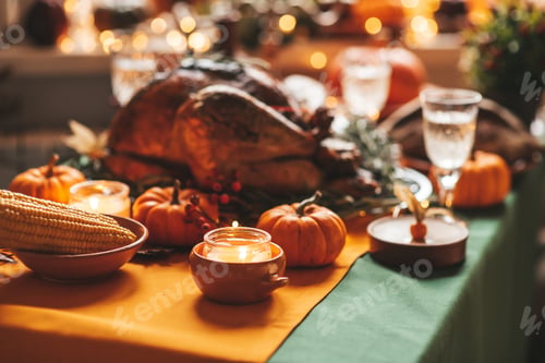 Preview: Thanksgiving holiday dinner table setting with fall decoration and pumpkins