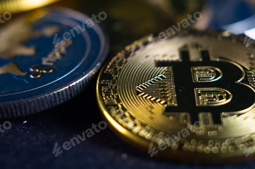 Preview: Closeup shot of a shiny Bitcoin coin