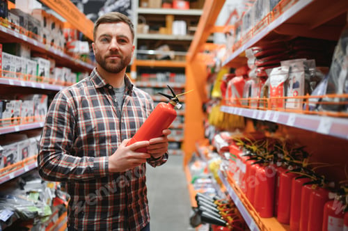 Preview: A man holds a fire extinguisher in his hand. A buyer in a hardware store selects a product