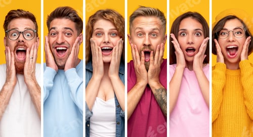 Preview: Group of surprised young people looking at camera