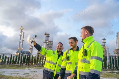 Preview: Refinery industry engineer are working and discussing at front oil and gas industrial factory,