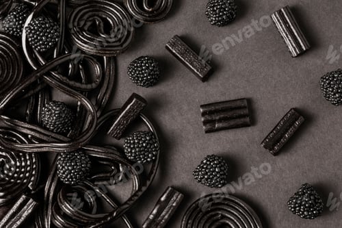 Preview: Top view of black jellies on a grey background