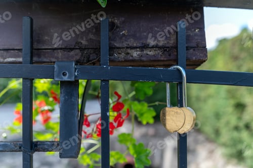 Preview: Locks of love adorn a wrought iron fence in a vibrant garden during a sunny day