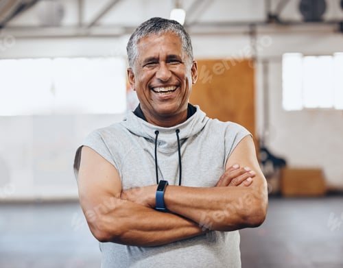 Preview: Gym, fitness and portrait of old man with smile and crossed arms for motivation, wellness and cardi