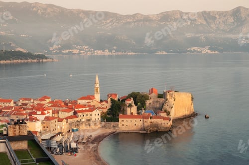 Preview: Amazing view of the beautiful city of Budva before sunset