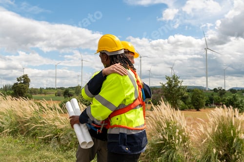 Preview: Smart engineers with protective helmet shaking hands at electrical turbines field