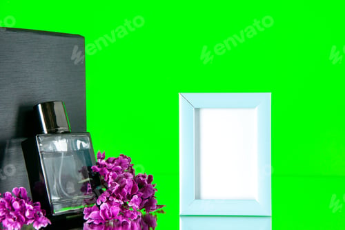 Preview: front view black fragnance with blue picture frame on green background color present gift portrait