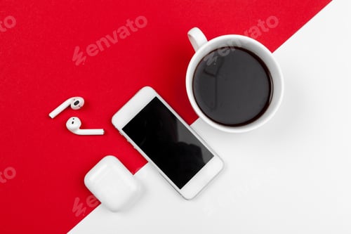 Preview: Mock up with copy space with smartphone on bright red background