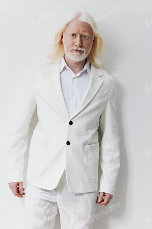 Preview: Stylish older man in a white suit, with long hair and beard against a minimalist white background
