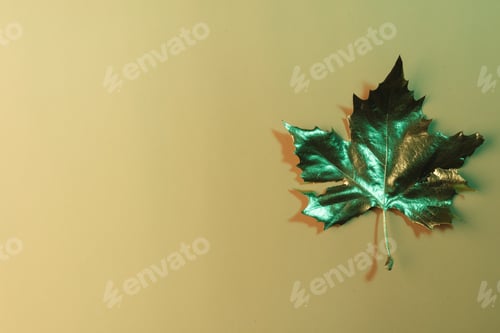 Preview: Metallic gold autumn leaf with copy space on orange background