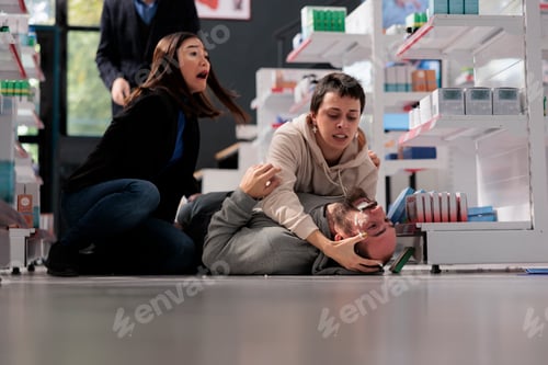 Preview: Woman sitting near man having epileptic seizure and panicking