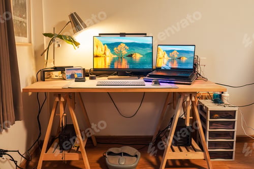 Preview: Cozy modern home office workspace with working device and warm light in bedroom