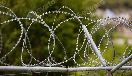 Preview: Wire barbed mesh metal fence, sharp with razors, circle. Warning of danger for enemies.