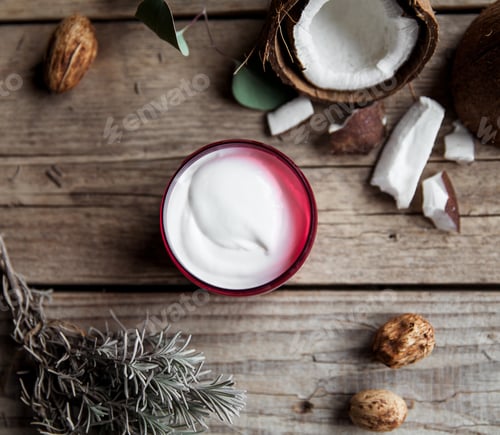 Preview: natural, organic cream on wooden background. Care beautiful and healthy skin. Beauty and health