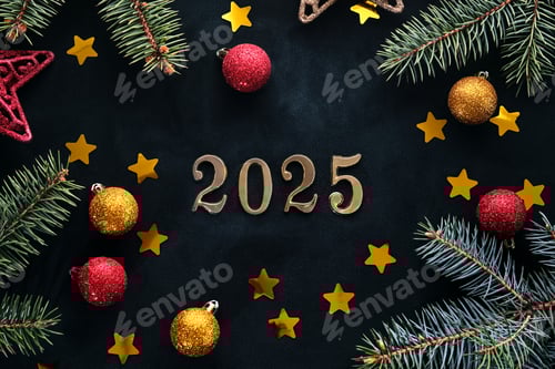 Preview: New Year 2025 background. Number of the coming year in Christmas decoration.