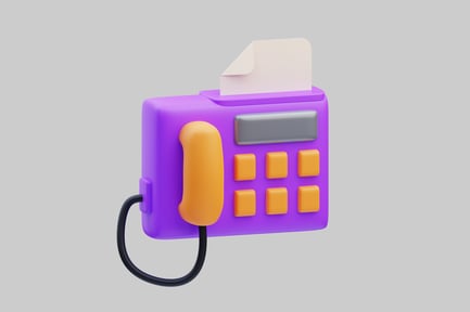 Preview: Purple rectangular telephone with orange cord and paper roll