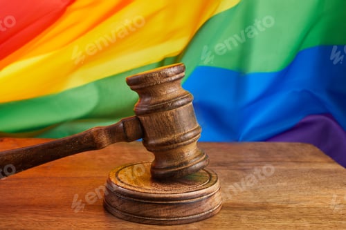 Preview: Gavel for judge lawyer with rainbow flag, symbol of LGBT. LGBT rights and law