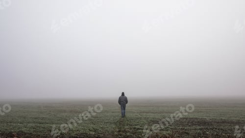 Preview: Man walking in a foggy autumn landscape. Lonely man walking in fog. Rural landscape with road in mor