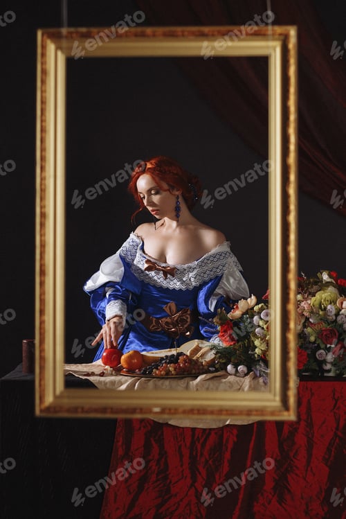 Preview: Portrait of a noble lady with fruit in the style of a framed painting