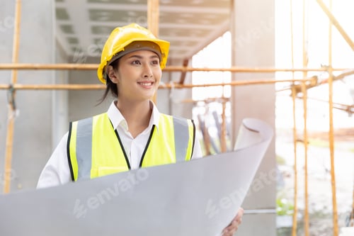Preview: working women architect happy smile with floor plan project builder work at construction site