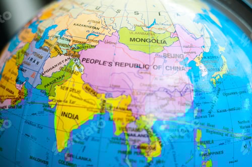 Preview: China, Mongolia, India, Pakistan and Iran on the globe map.