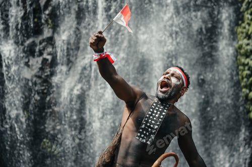 Preview: Black man from Papua Tribe holding Indonesian flag with emotion