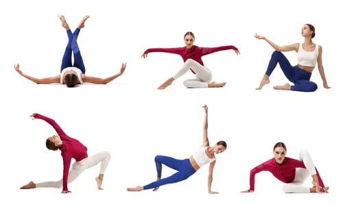 Preview: Woman doing gymnastic exercises. Collage on white background
