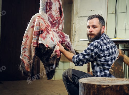 Preview: Bearded butcher cuts up the carcass of wild pig.