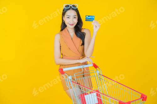 Preview: Portrait beautiful young asian woman smile with grocery basket
