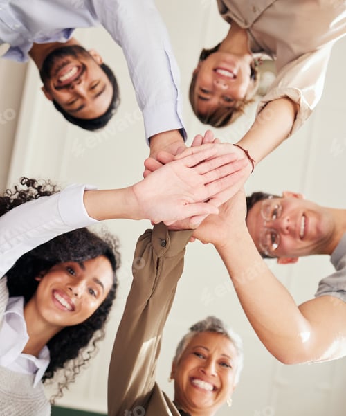 Preview: Teamwork, people portrait and hands stacked in support, collaboration or team building mission from