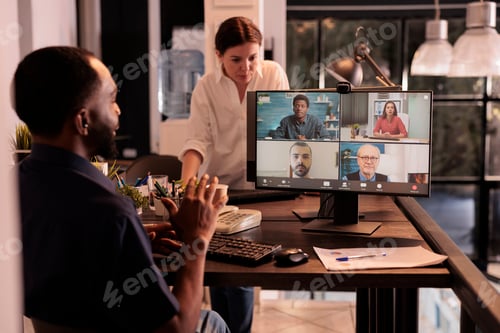 Preview: Man attending online meeting, remote team webcam briefing