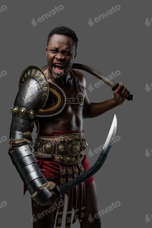 Preview: Furious black gladiator with dual swords against gray background