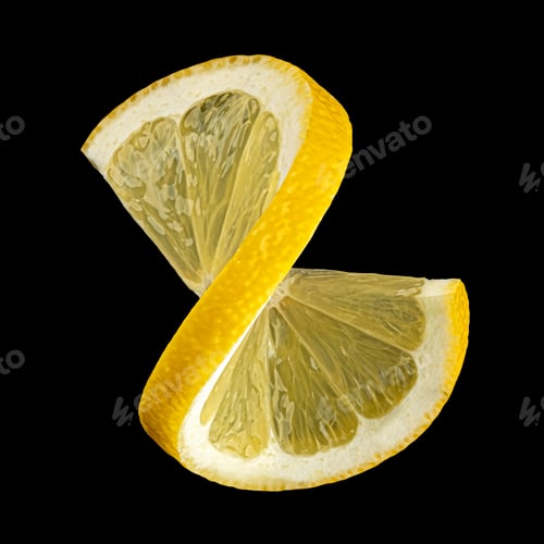 Preview: Twisted lemon slice on black background, full depth of field