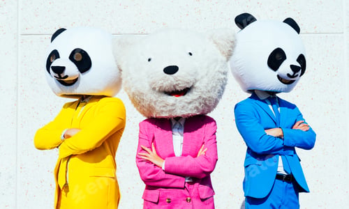 Preview: Storytelling image of a couple wearing giant panda head