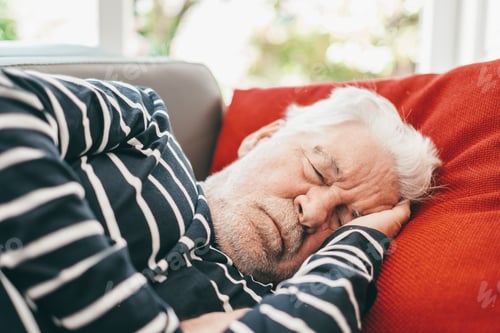 Preview: Closeup portrait of sleeping senior man with beard, peaceful grandfather resting on sofa at home