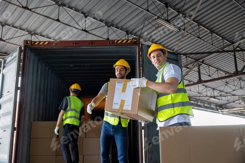 Preview: 3 Workers hand carry carton box take from 40 feet steel container one by one and stack on floor