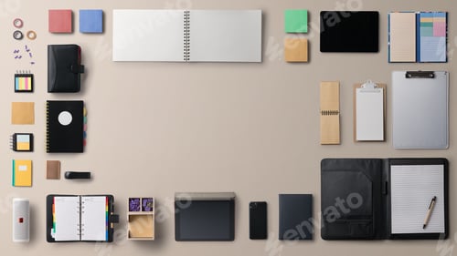 Preview: Flat lay top view office desk working space office supplies on light background. Copy space.