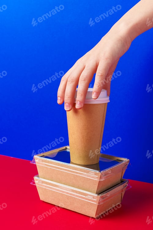 Preview: Delivery man hands giving food containers and packages