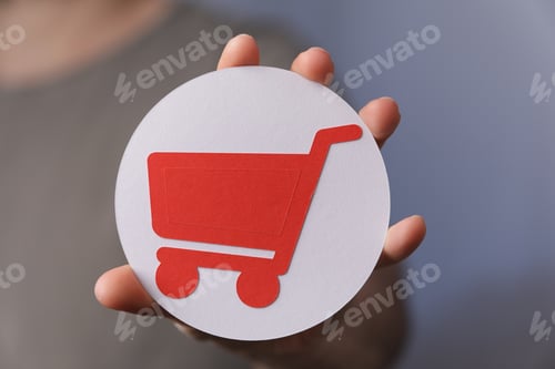 Preview: Close-up shot of a male hand holding a shopping cart icon on a digital background buying